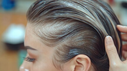 Obraz premium Hairdresser applying hair dye to client's wet hair in salon