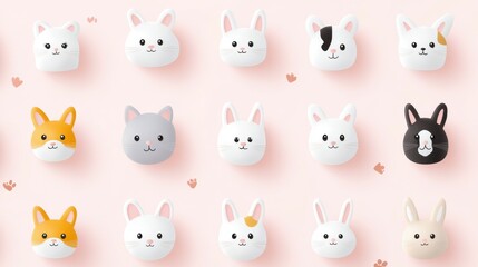 A row of cartoon rabbit faces are displayed on a pink background