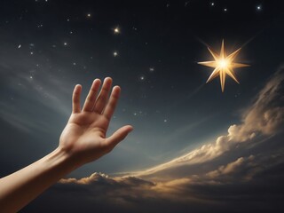 hand reaches toward a bright star in a night sky filled with clouds