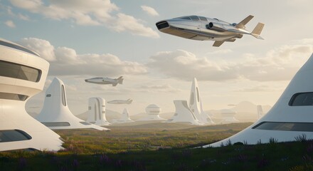A tranquil landscape features futuristic, smooth white domed buildings on a grassy field alongside metallic flying vehicles. This scene illustrates future city and transport concepts or eco-friendly