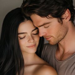 Obraz premium Close up portraits of mid 20s couple in love. Putting their head together.