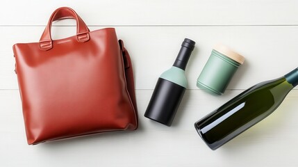 Stylish Brown Leather Tote Bag with Wine Bottles and Travel Mug on White Wood