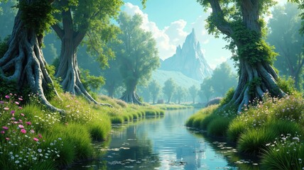 Magical river flows through lush green forest with majestic mountain peak