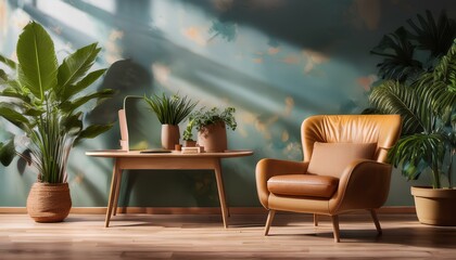 Living Room interior with armchair, houseplants, table and painted wall; stylish decor of home office