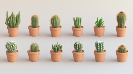 Serene Array of Cacti in Terracotta Pots - Top-down View of Vibrant Green Plants with Prickly Spines in Earthy Containers