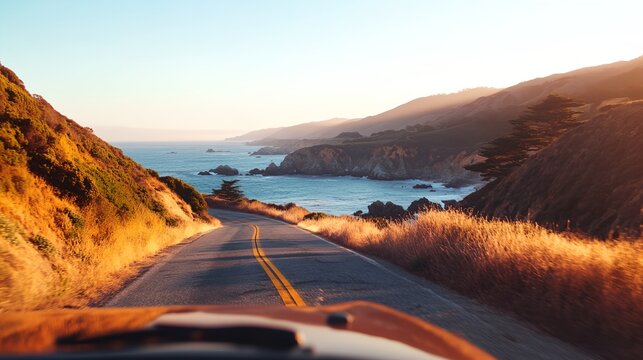 a car driving down a road next to a body of water and a mountain range with trees on the side of it