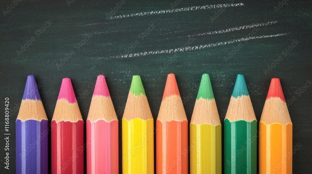 Poster chalkboard abstract background idea. colorful pencils arranged in a row on a chalkboard background f