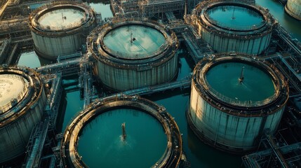 Aerial View of Industrial Storage Tanks Refinery Complex Oil and Gas Processing Plant