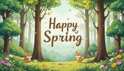 Charming forest with cartoon-style trees and woodland creatures celebrating Happy Spring