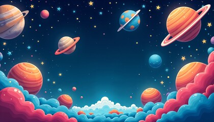 Vibrant cartoon-style space scene featuring colorful planets, stars, and whimsical clouds in a cosmic atmosphere