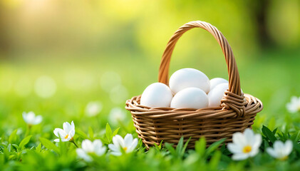 White Easter eggs in a wicker basket surrounded by white flowers and white on a background. Perfect for holiday design.