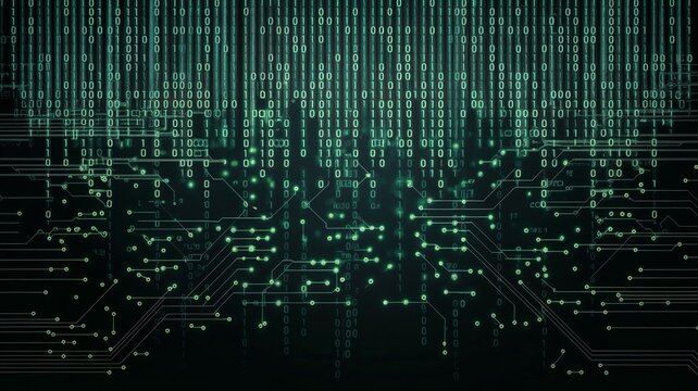 Abstract digital background with green binary code and circuit patterns creating a tech aesthetic