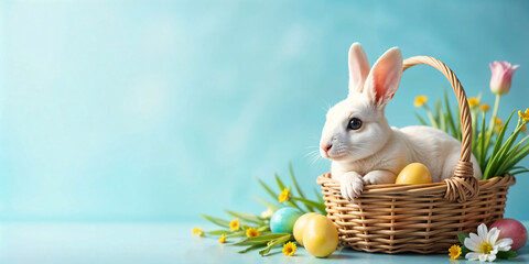 Happy Easter. Easter eggs and bunnies in a basket. Rustic table decoration for the holiday. Copy space.