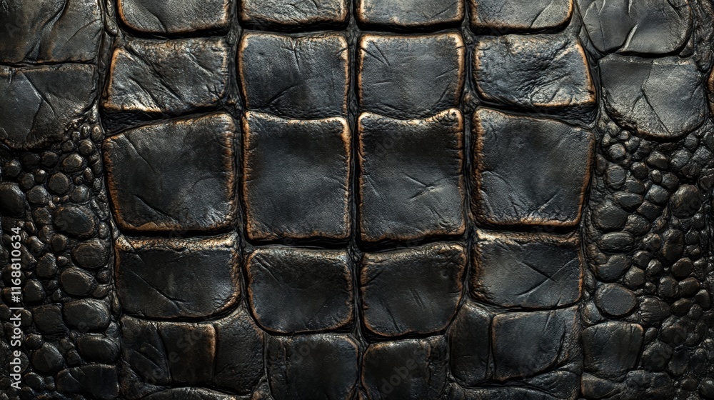Poster detailed close-up of crocodile skin texture highlighting dark color and unique patterns in artistic 