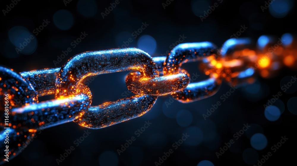 Poster glowing digital chain links cybersecurity blockchain and technology concept