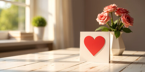 Close-up of roses in a vase on a windowsill. Empty card.