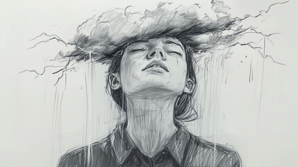 Fototapeta premium Pencil Sketch of a person with a storm of thoughts overhead, lightning and rain