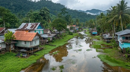 Naklejka premium Lush Tropical River Village Landscape Houses River Green Foliage Rural Scene