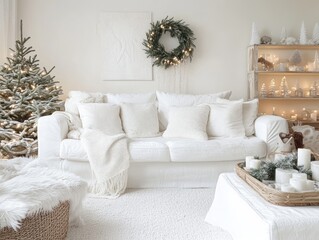 White Christmas Living Room Decor Featuring Cozy Sofa And Tree
