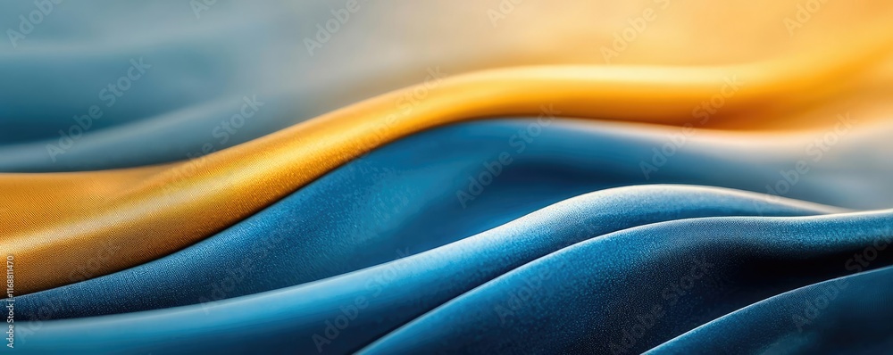 Poster velvet abstract background concept. abstract waves of fabric in blue and gold creating a smooth, flo