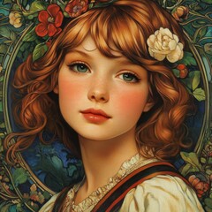 Elegant Art Nouveau Portrait of a Young Woman with Floral Accents