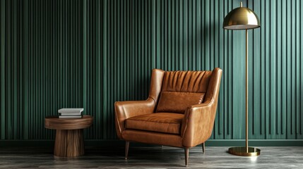 Obraz premium Elegant retro leather armchair and lamp in luxurious living room interior setting