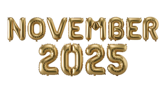3D Golden Text, November 2025 Golden Numbers, 3D Golden Text November 2025  Isolated on Transparent Background