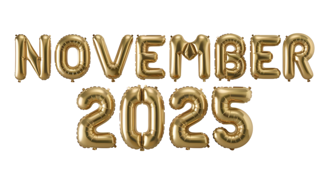 3D Golden Text, November 2025 Golden Numbers, 3D Golden Text November 2025  Isolated on Transparent Background