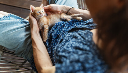 A small cute ginger kitten relaxes on the lap of the girl owner, companion pet love and care © olezzo