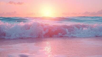 Naklejka premium Tranquil Ocean Waves Gently Rolling onto Pink Sand During Sunrise, Creating a Serene Seascape with Soft Pastel Colors and a Dreamy Atmosphere