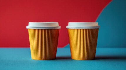 Two Vibrant Yellow Coffee Cups on a Blue and Red Background, Perfect for Food and Beverage Photography, Showcasing Modern Design Aesthetics and Color Contrast