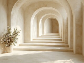 Fototapeta premium Serene beige archway corridor with potted plant.