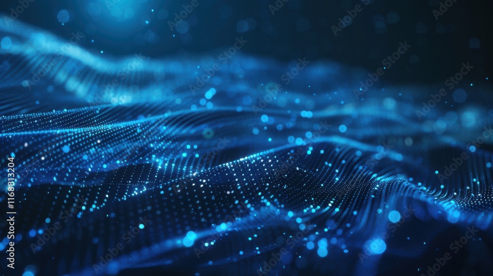 Poster deep blue cyber space with dynamic digital lines and dots, depicting high speed data transfer and ne
