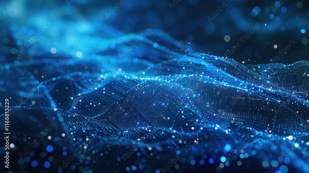 Poster deep blue cyber space with dynamic digital lines and dots, depicting high speed data transfer and ne