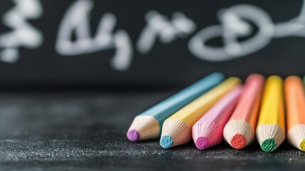 Chalkboard abstract background idea. Colorful pencils aligned on a surface ready for artistic expression and creativity.