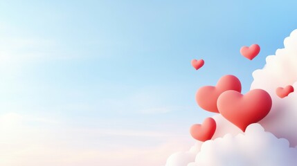 A blue sky with clouds and red hearts floating in the sky