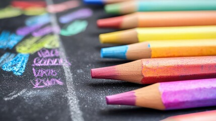 Chalkboard abstract background idea. Vibrant colored pencils lined up, creating a rainbow of creativity on a chalkboard.