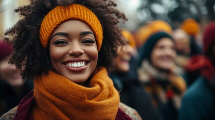 Happy young woman with curly hair wearing orange knitted headband and scarf smiling outdoors