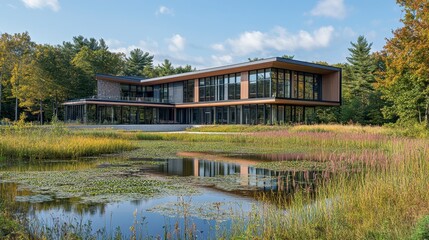 Obraz premium Modern Architectural Design Sustainable Eco Friendly Building by Lake in Autumn