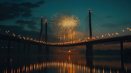 Fototapeta premium Fireworks Display Over Modern Bridge Reflected in Calm Water