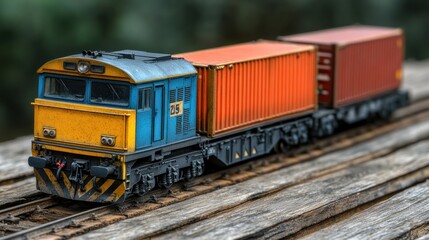 Fototapeta premium Blue and yellow model train with orange containers on wooden tracks.