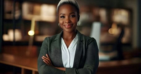 Fototapeta premium Smile, business and portrait of black woman in office with confidence for corporate career. Happy, night and professional African female attorney with positive attitude and pride for legal job.
