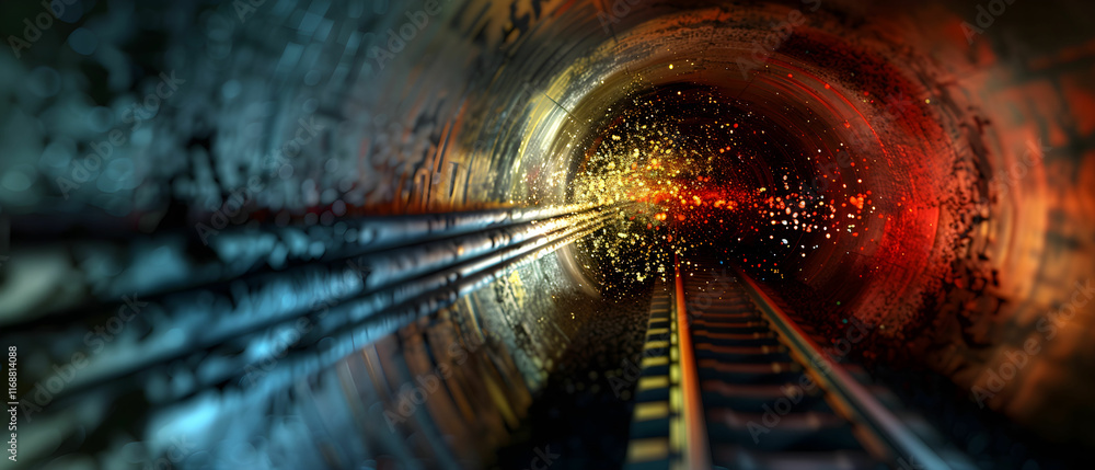Aufkleber abstract view of a tunnel with dynamic colors and illuminated tracks creating a sense of depth and m