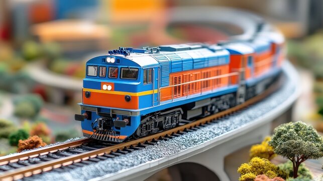 Blue and orange model train on curved tracks.