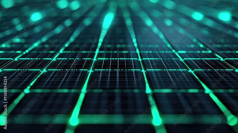 Poster grid abstract background concept. futuristic grid pattern with glowing green lights on a dark backgr
