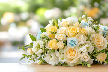 Floral funeral wreath on a polished wooden coffin