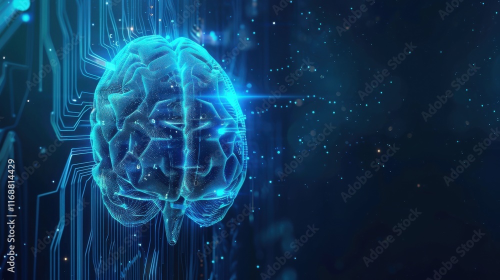 Poster digital brain background with space for text. circuit board brains, ai and technology concept, blue 