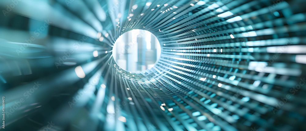 Poster abstract view of a metallic tunnel with reflections and light creating depth and perspective in a fu