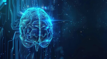 Digital brain background with space for text. Circuit board brains, AI and technology concept, blue neural connection lines and glowing dots