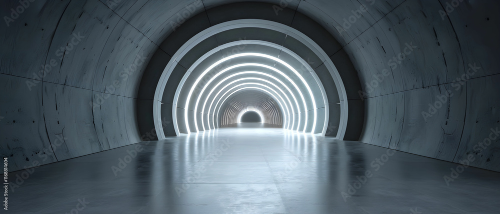 Poster futuristic tunnel with illuminated arches and smooth concrete floor in amazing sci-fi style